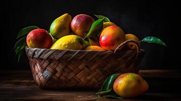 Fresh Mango fruits in a bamboo basket with blurred background, photo
