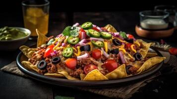Closeup Nachos full of chunks of vegetables with blurred background, photo