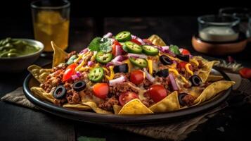 Closeup Nachos full of chunks of vegetables with blurred background, AI Generative photo