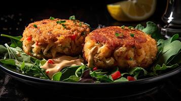 Closeup Maryland Crab cakes with chopped greens on a wooden plate with a blurred background, photo