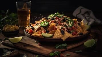 Closeup Nachos full of chunks of vegetables with blurred background, photo