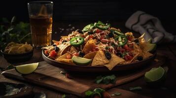 de cerca nachos lleno de trozos de vegetales con borroso fondo, ai generativo foto