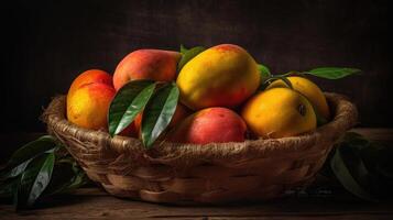 Mango fruits in a bamboo basket with blurred background, photo