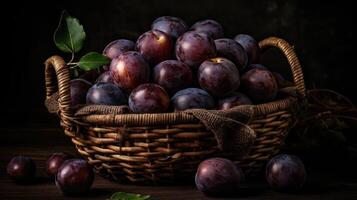 de cerca Fresco ciruela frutas en un bambú cesta con difuminar fondo, ai generativo foto