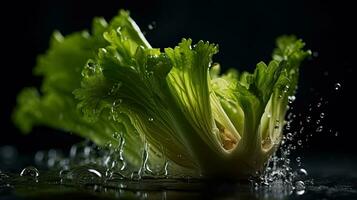 verde apio golpear por salpicaduras de agua con negro difuminar fondo, ai generativo foto