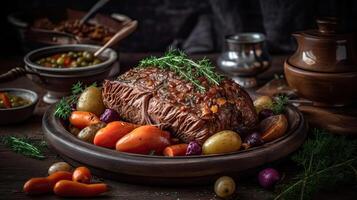 Pot Roast full of vegetables on a bowl with blurred background, AI Generative photo