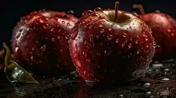 manzanas frutas golpear por salpicaduras de agua en Perfecto visita ángulo, ai generativo foto