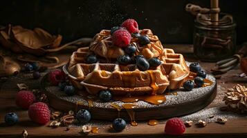 Closeup of sweet Waffles Topped with blueberries and red berries on a blurred background, AI Generative photo