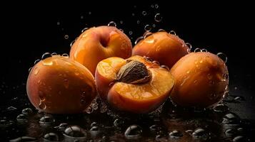 apricot fruits hit by splashes of water with perfect viewing angles and blurred background, AI Generative photo