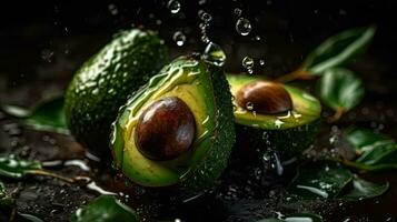 avocado fruits hit by splashes of water with black blur background and perfect viewing angle, AI Generative photo