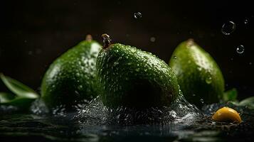 avocado fruits hit by splashes of water with black blur background and perfect viewing angle, AI Generative photo