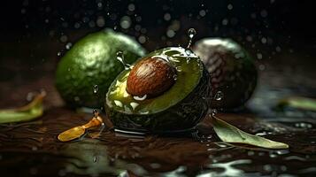 avocado fruits hit by splashes of water with perfect viewing angle, AI Generative photo