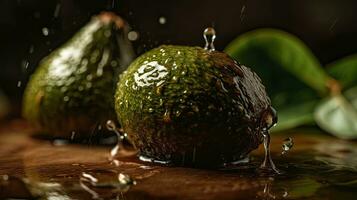 avocado fruits hit by splashes of water with perfect viewing angle, AI Generative photo