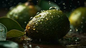 fresh green avocado hit by splashes of water with perfect viewing angle, AI Generative photo