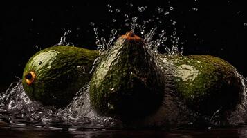 fresh green avocado hit by splashes of water with perfect viewing angle, AI Generative photo