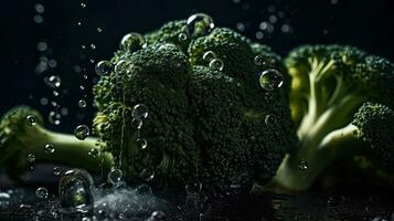 green broccoli hit by splashes of water with black blur background and perfect viewing angle, AI Generative photo