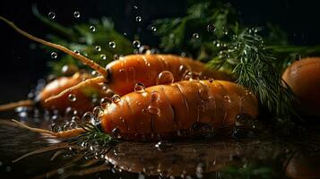 Carrots hit by splashes of water with black blur background, AI Generative photo