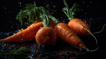 perfect view close up carrots hit by splashes of water with black blur background, AI Generative photo