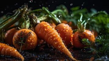 Carrots hit by splashes of water with black blur background, AI Generative photo