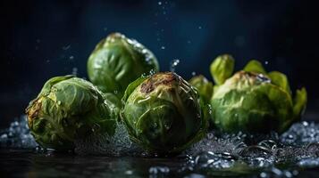 Brussels Sprouts hit by splashes of water with black blur background and perfect viewing angle, AI Generative photo