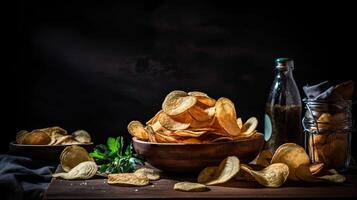 Potato Chips with a sprinkling of savory salty spices on a wooden table with a blurred background, photo