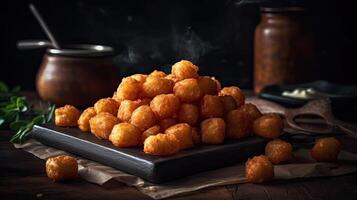 crujiente tater tots con soja salsa en un difuminar fondo, ai generativo foto