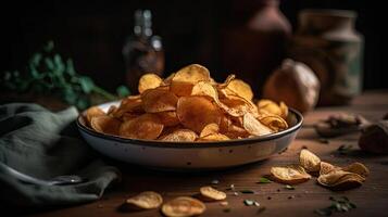 Potato Chips with a sprinkling of savory salty spices on a wooden table with a blurred background, photo