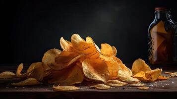 patata papas fritas con un aspersión de sabroso salado especias en un de madera mesa con un borroso fondo, ai generativo foto