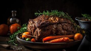 Closeup of pot roast full of vegetables on a bowl with blurred background, photo
