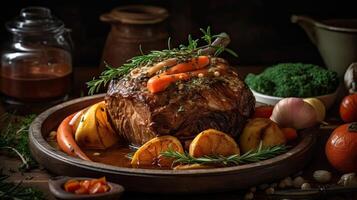 Closeup of pot roast full of vegetables on a bowl with blurred background, photo