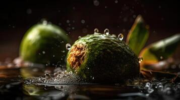 avocado fruits hit by splashes of water with perfect viewing angle, AI Generative photo