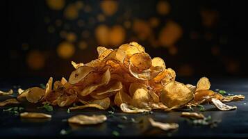 Potato Chips with a sprinkling of savory salty spices on a wooden table with a blurred background, photo