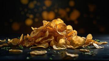 patata papas fritas con un aspersión de sabroso salado especias en un de madera mesa con un borroso fondo, ai generativo foto