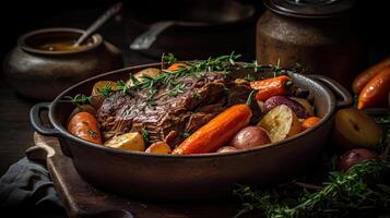 Closeup of pot roast full of vegetables on a bowl with blurred background, photo