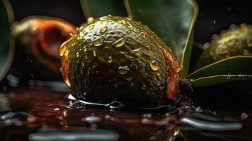 green avocado fruits hit by splashes of water with black blur background and perfect viewing angle, AI Generative photo