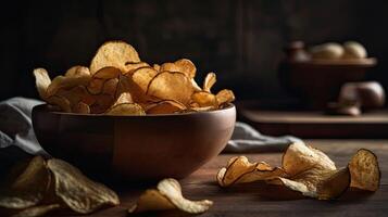 Potato Chips with a sprinkling of savory salty spices on a wooden table with a blurred background, photo