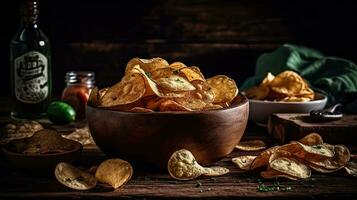 Potato Chips with a sprinkling of savory salty spices on a wooden table with a blurred background, AI Generative photo