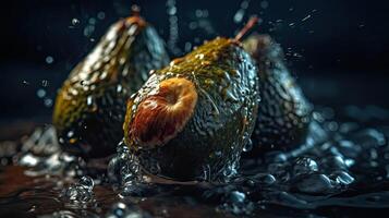 avocado hit by splashes of water with perfect viewing angle, AI Generative photo