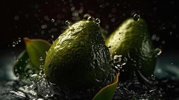 avocado hit by splashes of water with perfect viewing angle, AI Generative photo