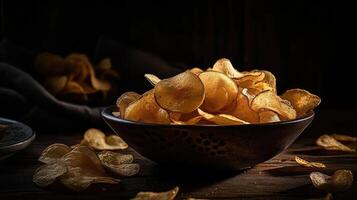 Potato Chips with a sprinkling of savory salty spices on a wooden table with a blurred background, photo