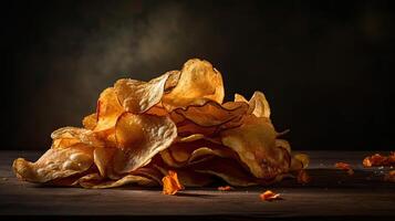 Potato Chips with a sprinkling of savory salty spices on a wooden table with a blurred background, photo