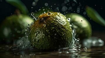 avocado fruits hit by splashes of water with perfect viewing angle, AI Generative photo