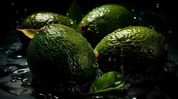 fresh avocado hit by splashes of water with black blur background and perfect viewing angle, AI Generative photo