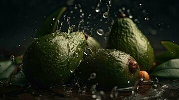 fresh green avocado hit by splashes of water with perfect viewing angle, AI Generative photo