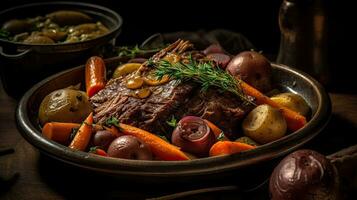 Closeup of pot roast full of vegetables on a bowl with blurred background, AI Generative photo