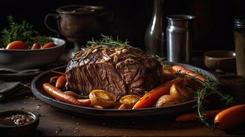 Closeup of pot roast full of vegetables on a bowl with blurred background, photo