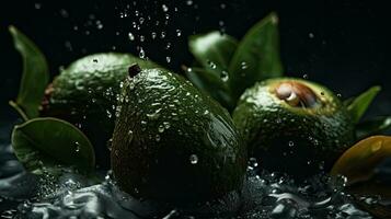 fresh avocado hit by splashes of water with black blur background and perfect viewing angle, AI Generative photo