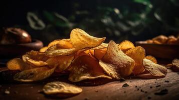 Potato Chips with a sprinkling of savory salty spices on a wooden table with a blurred background, photo