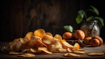 Potato Chips with a sprinkling of savory salty spices on a wooden table with a blurred background, photo