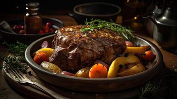 Closeup of pot roast full of vegetables on a bowl with blurred background, photo